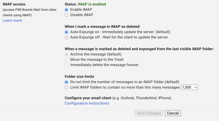 Gmail Settings - IMAP enabled